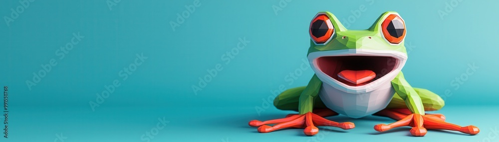 Poster Low Poly Frog with Big Smile on Blue Background.