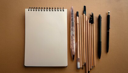 Writing instruments and notepad on a neutral background with space available; aerial view of an...