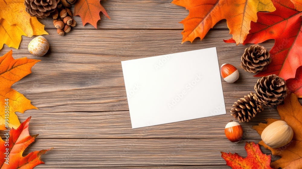 Poster A card with a note on top of some autumn leaves, AI