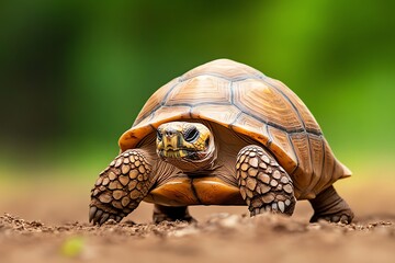 A close-up of a tortoise walking slowly across the ground, its ancient, weathered shell and wise expression symbolizing patience and endurance