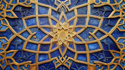 Intricate Blue and Gold Geometric Pattern on a Wooden Door.