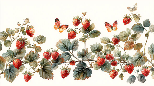 Vintage botanical illustration of strawberries and butterfly in natural setting

