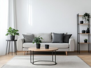 A living room with clean white walls, a neutral grey sofa, and a light wood coffee table