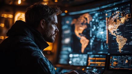Man Observing a Digital World Map on His Computer