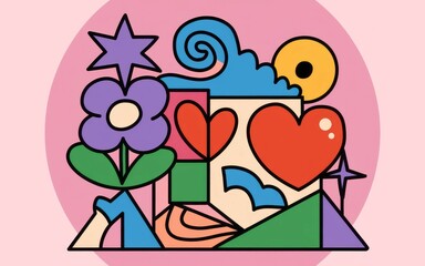 Colorful abstract heart. Abstract art illustration with hearts, flowers, stars, and geometric shapes. Symbolizes love, happiness, and positivity.