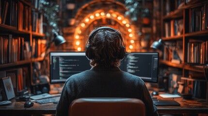 Obraz premium Programmer Working Late at Night in a Cozy Study