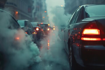 A black car is driving in a traffic jam with a lot of other cars, generative ai image