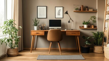 An elegant home office with a wooden desk, comfortable chair, and decorative items, set against a calming wall color, providing a cozy and inviting work environment.