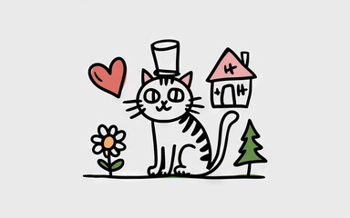 Fototapeta premium Cat in hat by house. Adorable hand-drawn cartoon cat wearing a top hat in front of a house and flower, symbolizing home and love.