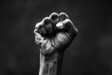 A black and white photo of a fist raised in the air, generative ai image