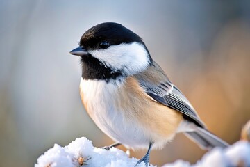 Obraz premium A close up shot of a black capped chickadee Poecile atricapillus in winter showcasing its distinctive black cap and white cheeks, songbird, seasonal, winter landscape., perched, wild