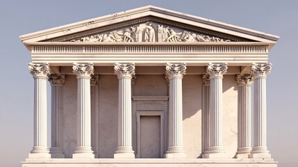 Ancient greek temple facade with columns and a pediment with sculptures.