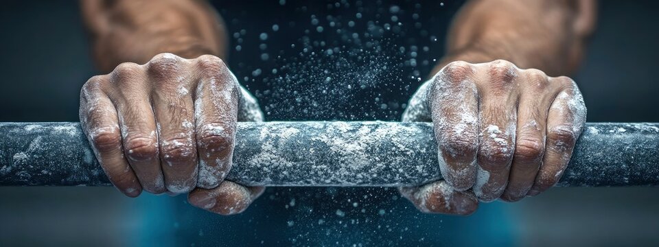 A gymnast&acirc;&euro;&trade;s hand grasping the parallel bars, chalk dust rising, soft gym lighting casting shadows