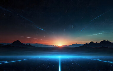 Fototapeta premium City skyline at night with illuminated buildings and glowing street lights