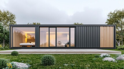 Obraz premium Modern container home with a geometric facade and minimalist interior, House Container, Geometric design