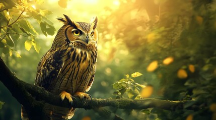 22. A wise owl deity perched on a branch, observing the forest