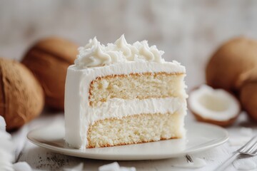 A slice of white cake with a frosting on top, generative ai image