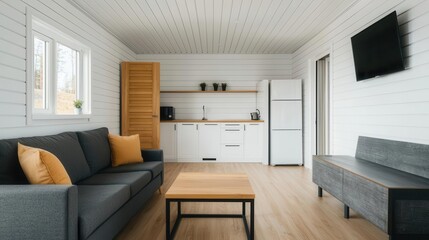 Fototapeta premium Cozy container home with a wooden interior and Scandinavian design, House Container, Scandinavian style