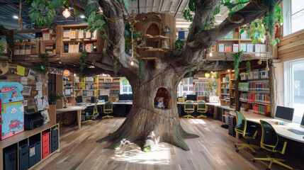 A children's business office located in a giant treehouse, with each branch leading to a different department filled with playful and imaginative decor