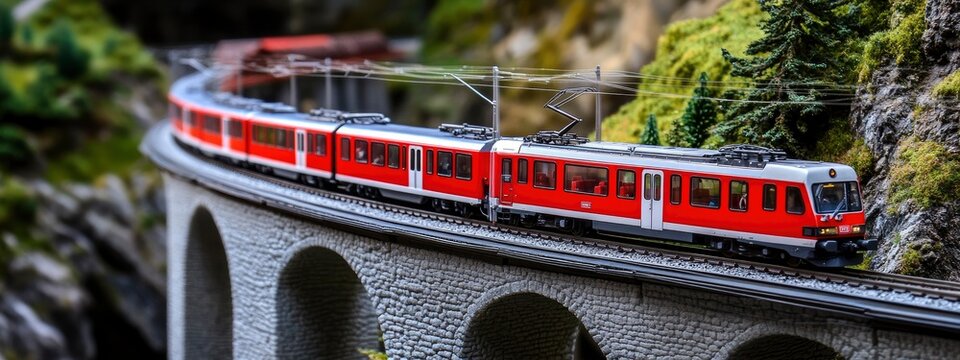A model train set laid out across a table, detailed scenery surrounding the tracks, soft ambient lighting