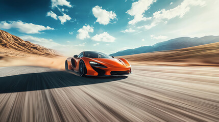 A stunning orange sports car speeds through a desert landscape under a bright blue sky, showcasing power and elegance.