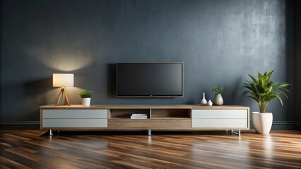 Sleek modern TV cabinet in empty room with dark background and wooden floor
