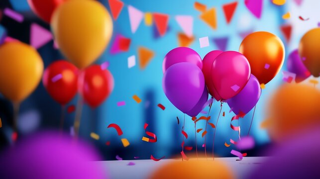 Colorful balloons float amidst festive decorations, creating a joyful atmosphere perfect for celebrations and parties.