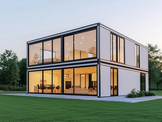 Obraz premium Two-story container house with large glass walls and modern interior, House Container, Contemporary design