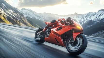 Naklejka premium Dynamic orange motorcycle speeding on a scenic mountain road, showcasing power and adventure in a breathtaking landscape.