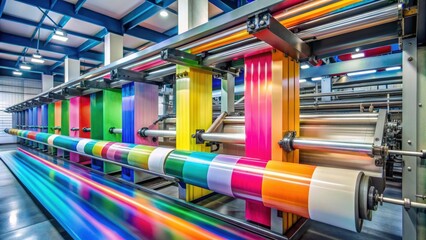 High-speed printing press producing colorful paper with automation, printing, press, high-speed, production