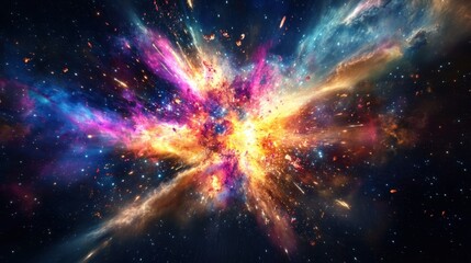 Fototapeta premium Colorful explosion in outer space, with fragments of matter flying outward symbolizing the universe's origin