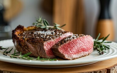 Steak rosemary plate. Seared steak with rosemary sprigs, pepper, and salt on a white plate.