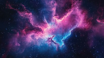 Nebula with vibrant pink and blue gases merging in deep space