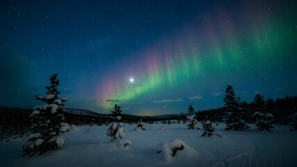 Starry Night Sky Over Snowy Landscape with Crescent Moon and Northern Lights