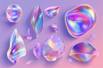 A collection of colorful abstract figures made of glass or plastic on a pink background. All the figures are different sizes and colors, and they seem to float or be suspended in the air