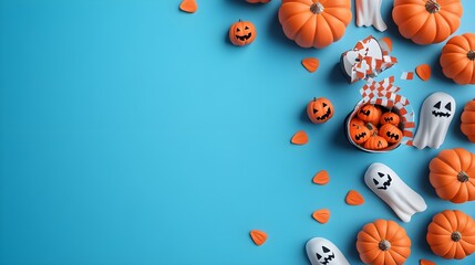 halloween movie night poster, flat design, top view, pumpkins and ghosts on blue background, cinema theme, 3D render, Complementary Color Scheme 