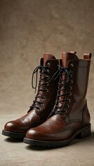 Brown leather boots with black laces on a light background.