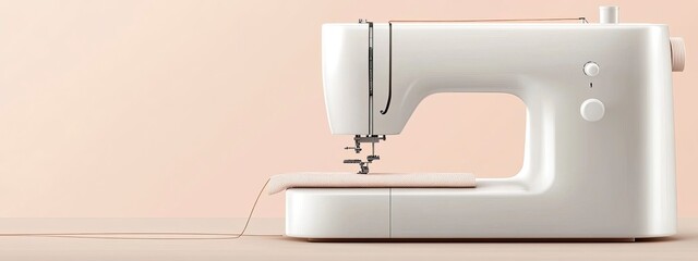 A sewing machine with fabric partially stitched, thread trailing off, soft ambient light in the room