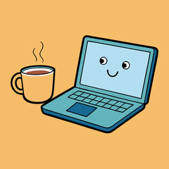 Smiling Laptop with Coffee Mug on Table