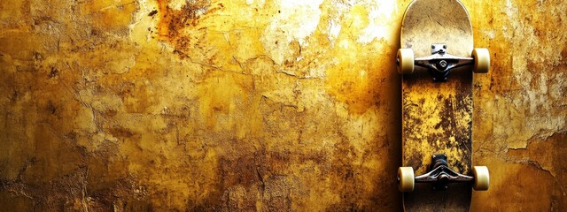 A skateboard leaning against a wall, wheels slightly scuffed, soft golden light from the setting sun