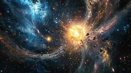 Dark matter swirling with glowing stars and gases, a visual depiction of the cosmic explosion at the Big Bang