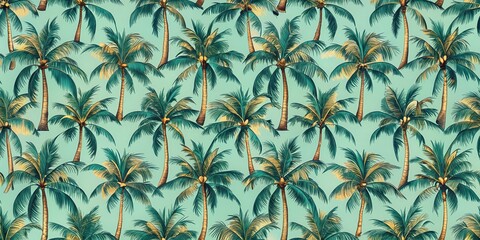 Obraz premium Retro seamless pattern featuring palm trees , vintage, tropical, nostalgia, retro, repeating, design, wallpaper, fashion, 1950s
