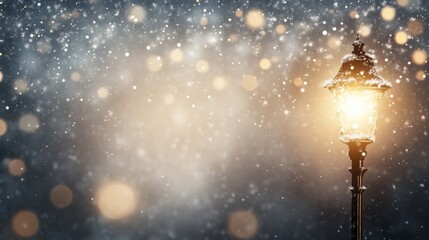 Naklejka premium A charming street lamp illuminates a snowy scene, creating a warm glow amidst softly falling snowflakes in a winter wonderland.