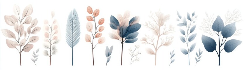 A collection of elegantly illustrated leaves in soft pastel colors against a light background, perfect for nature-themed designs.