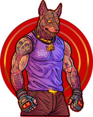 Swag print for t-shirt. Pumped up pit bull with a scurvy body covered with tattoos. Pitbull athlete, gangster with gold chain on his neck and tattoos with skulls. Professional Fighter. Cartoon style