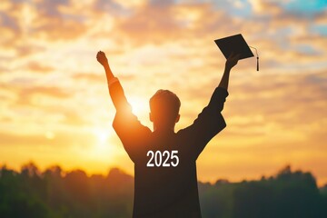 "2025" New Year resolution.Silhouette Young man Graduation in "2025" years, education congratulation concept, Freedom and Happy New Year, success in the future goal and passing time. geneative ai