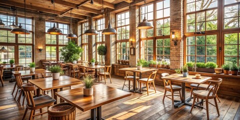 Fototapeta premium Cozy caf? interior with rustic wooden furniture and large windows flooding the space with natural light, cozy, inviting