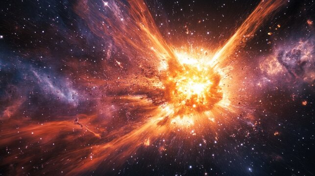 Exploding stars and supernovas in a vast cosmic scene, symbolizing the energy and expansion of the universe