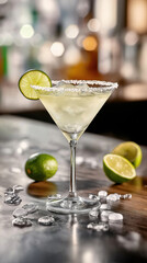 Photo of a modern margarita drink with lime and a salted rim served in a martini glass with cut lime on table. Vertical layout.