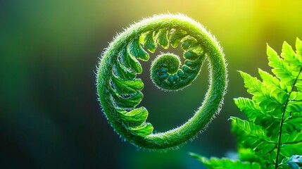 Close-up of a curly fern frond unfurling in vibrant sunlight surrounded by lush green foliage.
